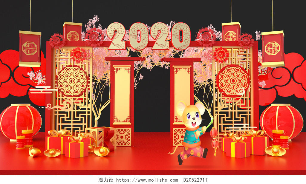 门头门楼新年拱门过新年春节布置春节C4D新年红色美陈立体风格VI导视素材